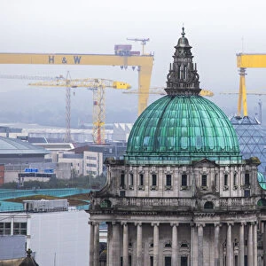 United Kingdom, Northern Ireland, Belfast, City Hall with Harland and Wolff cranes
