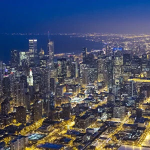 USA, Illinois, Chicago. Aerial dusk view of the city in winter