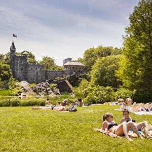 Belvedere Castle, and people sunbathing, Central Park, Manhattan, New York City, New York