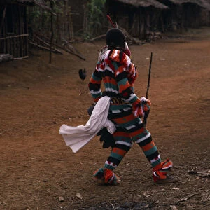 CAMEROON, South West, Rumpi Hills Masked Ju-ju man wearing striped costume taking part