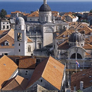 CROATIA, Dalmatia, Dubrovnik Elevated view across terracotta tiled roof tops in the