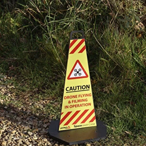England, Kent, Warning cone, caution sign for drone in use