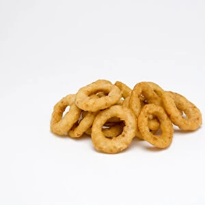 Food, Cooked, Vegatables, Battered fried onion rings on a white background