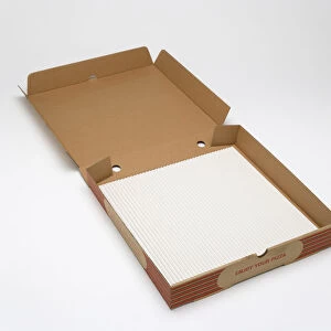 Food, Packaging, Takeaway, Empty open cardboard pizza box on a white background