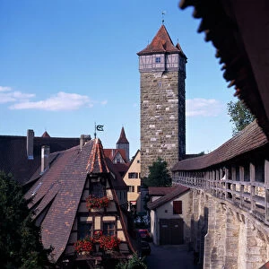 GERMANY, Bavaria, Rothenburg View from the town walls under covered walkway toward