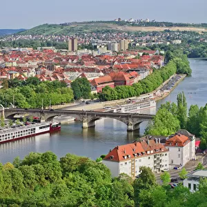 Germany, Bavaria, Wurzburg, View eastwards from Festung Marienburg fortress over the River Main with cruise boats