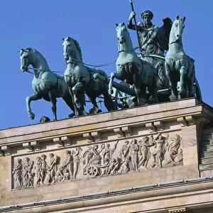 GERMANY, Berlin The Brandenburg Gate. Angled view of the Quadriga on top of the gate
