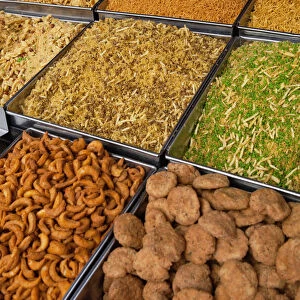 India, Uttar Pradesh, Lucknow, Display of namkeen and savoury snacks