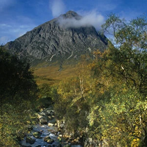 Scotland, Argyll and Bute, Glen Etive, Off Glen Coe. Stob Derag Mountain seen from amongst trees and a stream