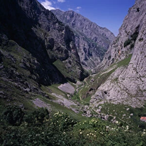 SPAIN, Asturias, Picos de Europa View north down Arroyo del Tejo Valley from Bulnes El