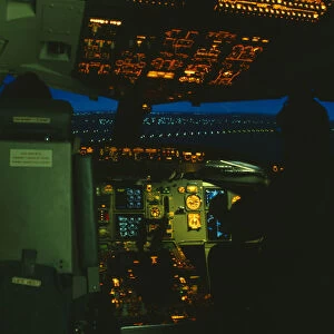 Transport, Air, Aeroplane, Boeing 757 flight simulator cockpit simulating night flight