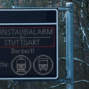 A fine dust warning sign that reads Fine dust warning in Stuttgart is pictured in