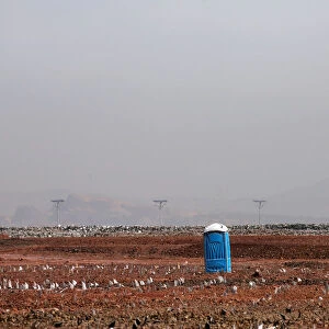 Mobile toilet is seen on the construction site of the new Mexico City International