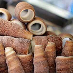 Traditional Trdelnik sweet pastries are seen on a market in Prague