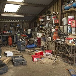 Interior of farm workshop, Lancashire, England, August