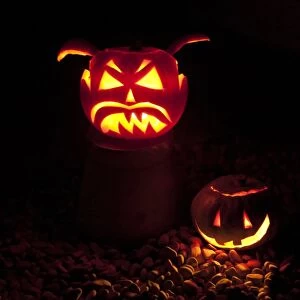 Pumpkin (Cucurbita sp. ) Jack O Lantern, two lit at night, Halloween custom, Clitheroe, Lancashire, England, november