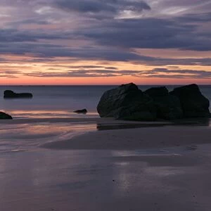 Rocks on beach at sunset, Durness Beach, Durness, Sutherland, Highlands, Scotland, july
