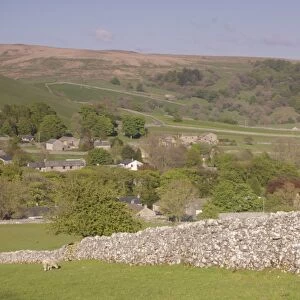 View of drystone walls, sheep grazing in pasture, village and hillside, Malham, Malhamdale, Yorkshire Dales N. P