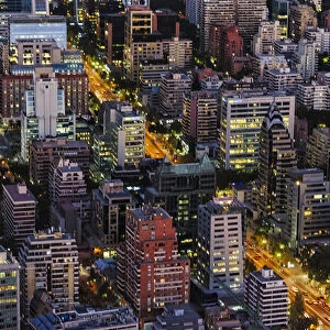 Aerial view of downtown skyline at dusk, Santiago, Chile