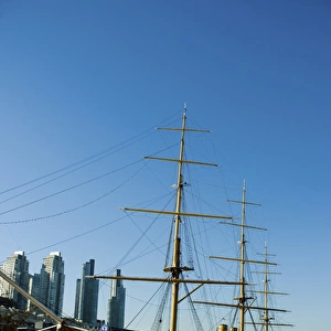 Argentina. Buenos Aires. Puerto Madero. Frigate Presidente Sarmiento along the waterfront