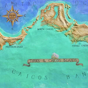 Caribbean, TURKS & CAICOS-Providenciales island-Grace Bay: Mural Map of Turks
