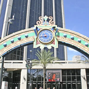 Clock in arch over Wall Street Pedestrian mall downtown Orlando Florida