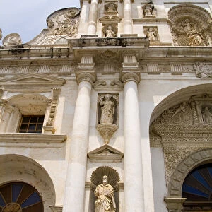 Colorful famous main church called Cathedral de Santiago in tourist village of Antigua