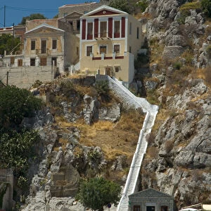 Europe, Greece, Dodecanese Islands, Halki: stairs leading up the classical mansion