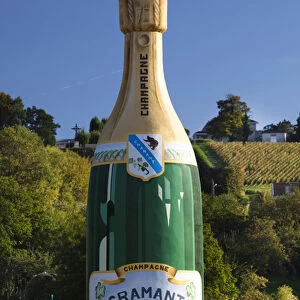 France, Marne, Champagne Region, Cramant, champagne bottle welcome sign