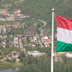 HUNGARY-DANUBE BEND-Visegrad: Visegrad Citadel View of Hungarian Flag & Nagymaros