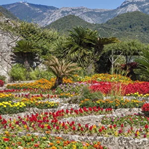 Italy, Ravello. Flower garden of Villa Rufolo over looking the Amalfi Coast and the Gulf of Salerno