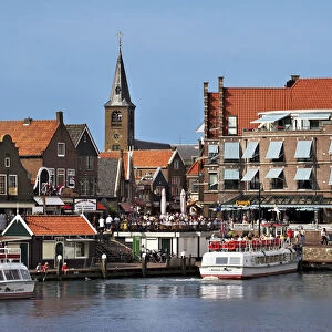 Netherlands, Edam-Volendam, View of the harbor, and the Reformed Church Spire in