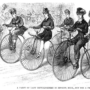 AMERICAN BICYCLISTS, 1879. A party of lady bicycle riders in Detroit, Michigan, out for a practice spin. Line engraving from an American newspaper