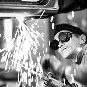 BRAZIL: WELDER, 1961. Welder at work on the assembly line of the Willys-Overland automobile plant in Sao Bernardo de Campo, Brazil, 1961