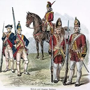 British and Hessian soldiers of the American Revolutionary War. Wood engraving, 19th century