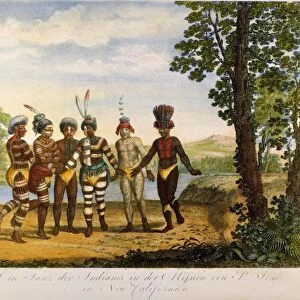 CALIFORNIA: SAN JOSE MISSION. Native Americans dancing at the San Jose Mission in (New) California. Engraving after Georg Heinrich von Langsdorff, 1812