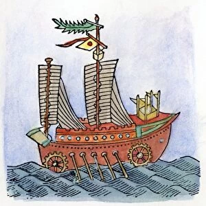 CHINESE SHIP, 12th CENTURY. A ship outfitted with sails, oars, and wheels for passage on land