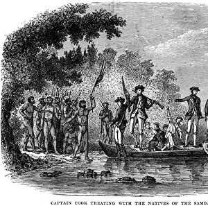 COOK: SAMOA, 1770s. Captain James Cook (1728-1779) meeting with natives of Samoa during his second voyage, 1772-1775. Wood engraving, 19th century