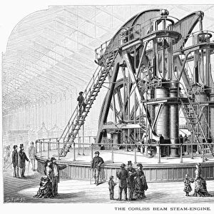 CORLISS STEAM ENGINE, 1876. The Corliss Engine, as exhibited at the Philadephia Centennial Exhibition in 1876. Wood engraving, 1876