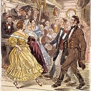 COUNTRY DANCE, 1820s. A country dance on the American frontier in the 1820s: Drawing by C