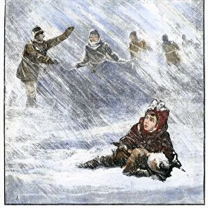 DAKOTA BLIZZARD, 1888. A rescue party at Huron (present-day South Dakota), bound together by ropes, searching for missing children during the blizzard of January 1888 in the Dakota Territory. Contemporary American wood engraving