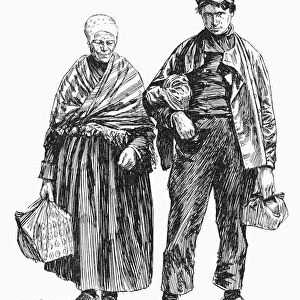 DUTCH IMMIGRANTS, 1892. Mother and son, immigrants from Holland, at Ellis Island in New York Harbor. Wood engraving, American, 1892