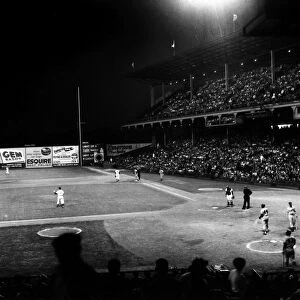 EBBETS FIELD, 1957. Night game between the Brooklyn Dodgers and Milwaukee Braves at Ebbets Field in Brooklyn, New York. Photograph, 22 August 1957