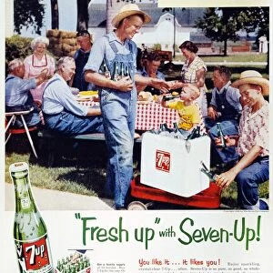 Fresh Up With Seven-Up! Advertisement for 7-Up soda ( the all-family drink ) from an American magazine, 1954