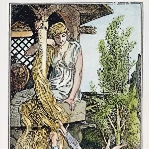 GRIMM: RAPUNZEL. The Prince climbs up Rapunzels golden hair. Wood engraving after Henry J. Ford for the fairy tale by Brothers Grimm