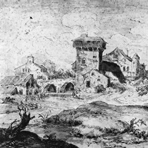 ITALY: MILL, 18th century. A mill in an Italian village and landscape. Drawing by Marco Ricci