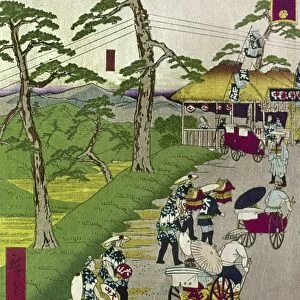 JAPAN: TOKAIDO ROAD, c1870. Telegraph wires are strung on living trees in this view of the Tokaido Road between Tokyo and Kyoto. Woodblock print, c1871, by Ando Hiroshige