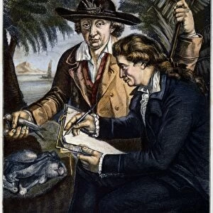 JOHANN REINHOLD FORSTER (1729-1798) and his son Georg (1754-1794) during the second voyage of Captain James Cook, c1772. Wood engraving, German, 19th century