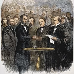 LINCOLN INAUGURATION, 1865. Abraham Lincoln (1809-1865) taking the oath of office at his second inauguration, March 4, 1865. Wood engraving from a contemporary American newspaper after a photograph by Alexander Gardner