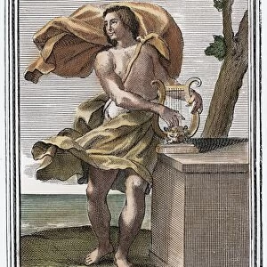 LYRE. A man of antiquity playing a lyre. Copper engraving, 1723, by Arnold van Westerhout